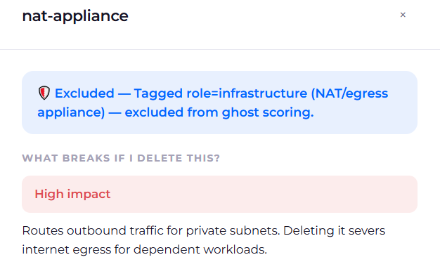 EC2 panel showing a NAT appliance excluded from ghost scoring because it is tagged as infrastructure, with a high-impact blast radius warning that deleting it severs internet egress.